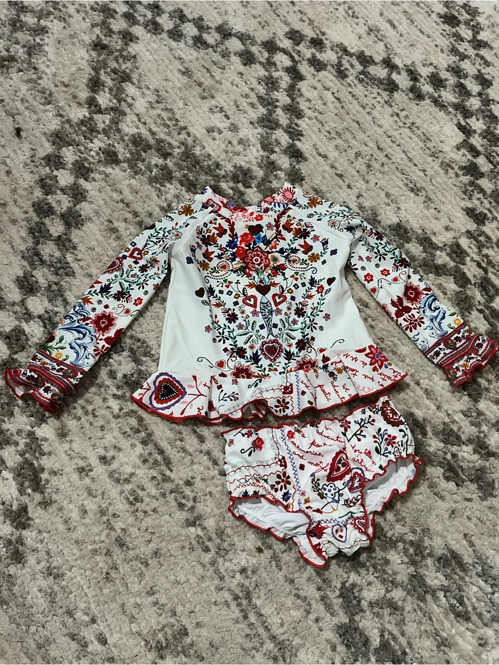 White Floral Embroidered Two-Piece Set with Red Accents
